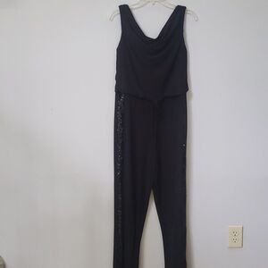 Scarlett Jumpsuit Womens 8 Black Sleeveless Cowl Sequined Tuxedo Stripe Leg NYE